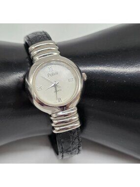 Polini Women's Quartz Wristwatch Silver Tone Case Black Textured Band